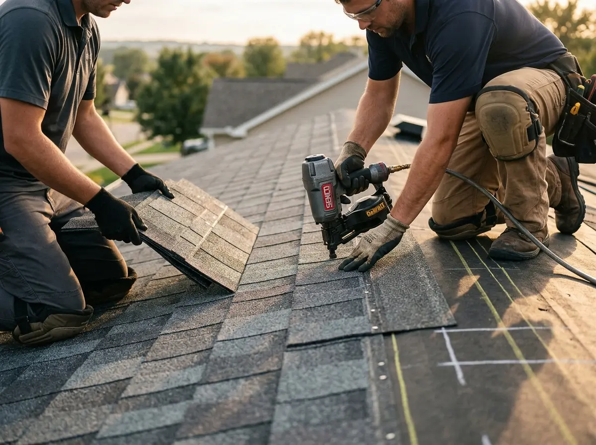 Professional roofer working on a residential roof in Hamlet